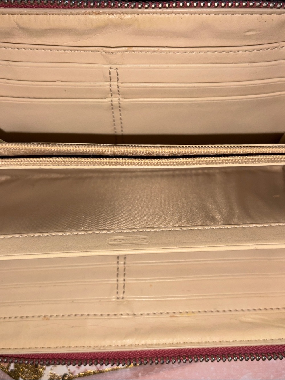 Coach Coated Canvas Tan Monogram Zip Closure Wallet with Pink Trim - Picture 11 of 12